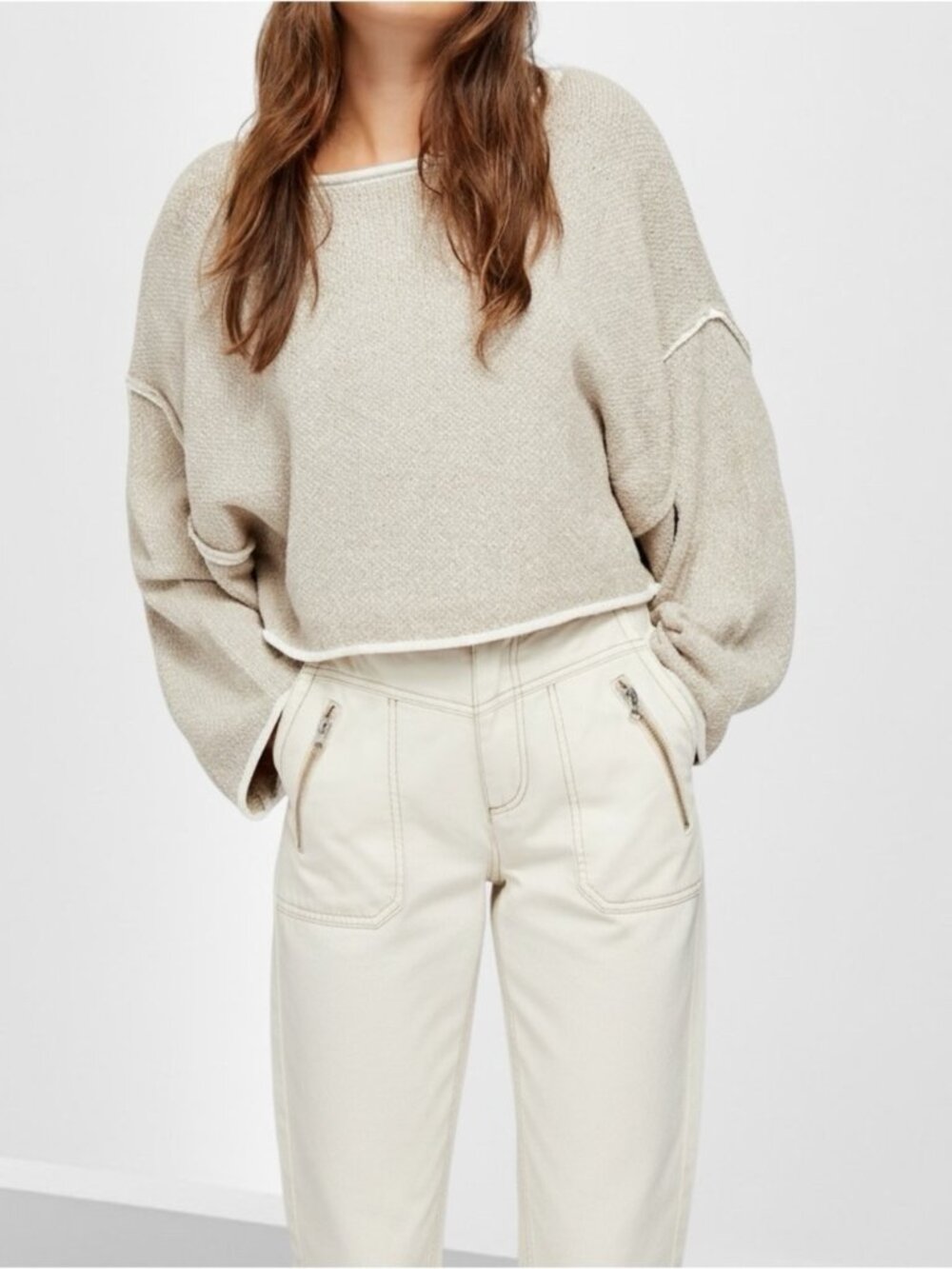 Free People Bardot Beige Knit Pullover Sweater Rounded Neckline Size Small